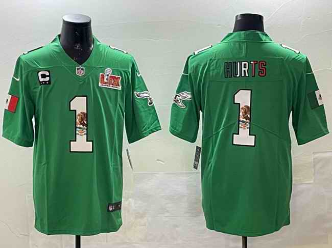 Men's Philadelphia Eagles #1 Jalen Hurts Green Mexico 2025 Super Bowl LIX Patch And 3-star C Patch Vapor Untouchable Limited Stitched Football Jersey